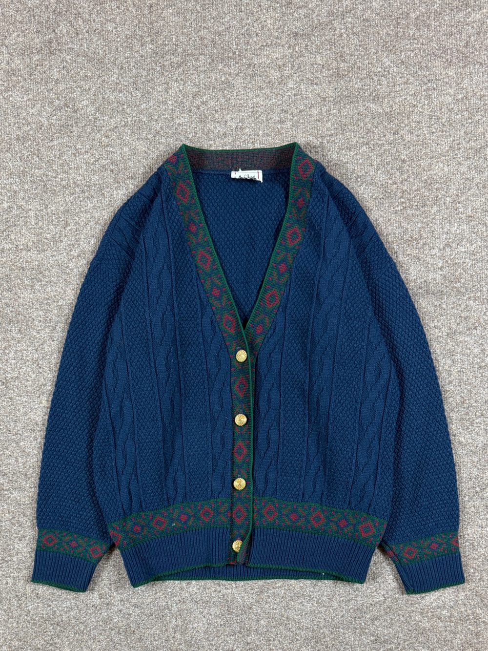 Vintage Navy V-Neck Cardigan Sweater Womens M/L Preppy Cableknit Argyle Trim 90s